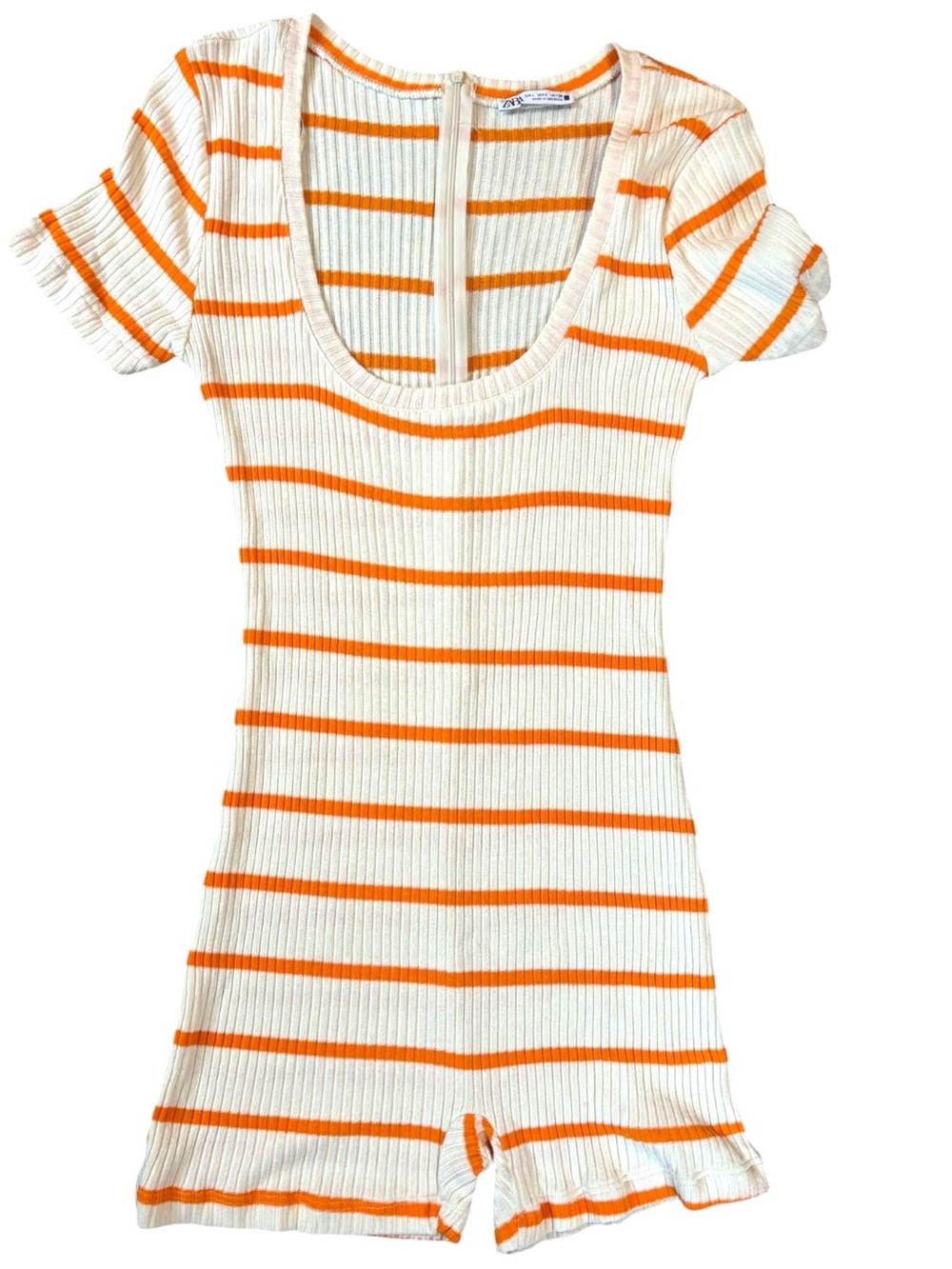 Zara Ribbed Orange Stripe Knit Romper Scoop Neck Ruffle Trim Fitted Size Large - Picture 5 of 12